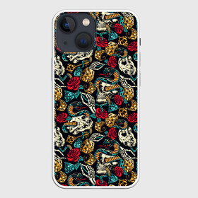 Чехол для iPhone 13 mini с принтом Hardcore tattoo в Белгороде,  |  | colorful | skull | snake | tattoo | vintage | винтаж | змеи | игральные | кости | скелет | тату | цветной | цветы | черепа