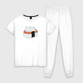 Женская пижама хлопок с принтом Суши в Белгороде, 100% хлопок | брюки и футболка прямого кроя, без карманов, на брюках мягкая резинка на поясе и по низу штанин | вкусняшка | котейка | любовь | милый