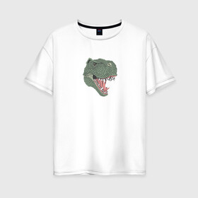 Женская футболка хлопок Oversize с принтом Тирекс в Белгороде, 100% хлопок | свободный крой, круглый ворот, спущенный рукав, длина до линии бедер
 | dinosaur | аллозар | арт | белый | вымершие | динозавр | диплодок | животные | завр | зелёный | зубы | картинка | красный | кровь | мегалозавр | рисунок | тарбозавр | тарбозар | тираннозавр | тирекс | хищник