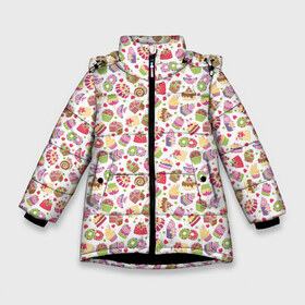 Зимняя куртка для девочек 3D с принтом Сладкий рай в Белгороде, ткань верха — 100% полиэстер; подклад — 100% полиэстер, утеплитель — 100% полиэстер. | длина ниже бедра, удлиненная спинка, воротник стойка и отстегивающийся капюшон. Есть боковые карманы с листочкой на кнопках, утяжки по низу изделия и внутренний карман на молнии. 

Предусмотрены светоотражающий принт на спинке, радужный светоотражающий элемент на пуллере молнии и на резинке для утяжки. | berries | cake | cherry | cream | croissant | cupcake | donut | heart | jelly | pancake | raspberry | roll | rose | strawberry | вишня | желе | кекс | клубника | крем | круассан | малина | панкейк | пирожное | пончик | розочка | рулет | сердце | торт | яг