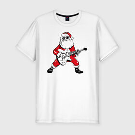Мужская футболка хлопок Slim с принтом Дед Мороз Рокер в Белгороде, 92% хлопок, 8% лайкра | приталенный силуэт, круглый вырез ворота, длина до линии бедра, короткий рукав | Тематика изображения на принте: 