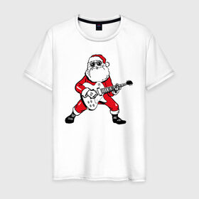 Мужская футболка хлопок с принтом Дед Мороз Рокер в Белгороде, 100% хлопок | прямой крой, круглый вырез горловины, длина до линии бедер, слегка спущенное плечо. | Тематика изображения на принте: 
