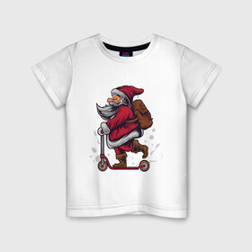 Детская футболка хлопок с принтом Санта на самокате в Белгороде, 100% хлопок | круглый вырез горловины, полуприлегающий силуэт, длина до линии бедер | 