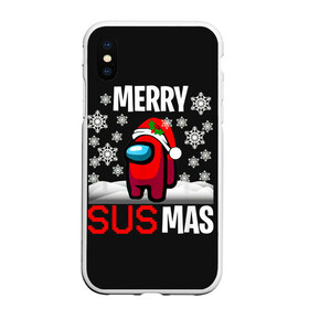 Чехол для iPhone XS Max матовый с принтом Merry Sus Mas в Белгороде, Силикон | Область печати: задняя сторона чехла, без боковых панелей | 2021 | among us | impostor | space mafia | sus.puffballs united | амонг ас | глитч | е | игра | импостор | инопланетянunicorn | инопланетяне | инопланетянин | маска | надпись | новогодний амонг ас | с новым годом | самозванец