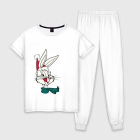 Женская пижама хлопок с принтом Bugs Bunny в Белгороде, 100% хлопок | брюки и футболка прямого кроя, без карманов, на брюках мягкая резинка на поясе и по низу штанин | looney tunes | warner bros | багз банни | безумные мелодии | веселые мелодии | ворнер | луни тюнз | луни тюнс | мультяшки | новый год