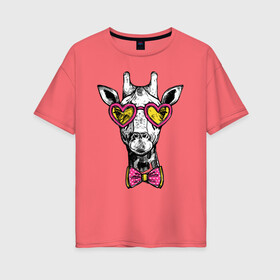 Женская футболка хлопок Oversize с принтом Жираф хипстер в Белгороде, 100% хлопок | свободный крой, круглый ворот, спущенный рукав, длина до линии бедер
 | butterfly | cool | ears | eyes | fashion | giraffe | hipster | horns | hype | muzzle | бабочка | глаза | жираф | круто | очки | рога | уши