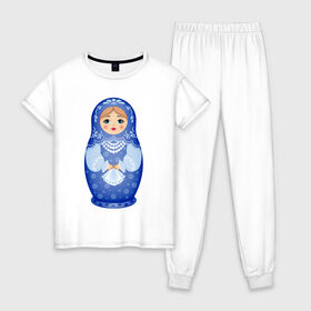 Женская пижама хлопок с принтом Матрешка Снегурка Гжель в Белгороде, 100% хлопок | брюки и футболка прямого кроя, без карманов, на брюках мягкая резинка на поясе и по низу штанин | 