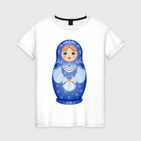 Женская футболка хлопок с принтом Матрешка Снегурка Гжель в Белгороде, 100% хлопок | прямой крой, круглый вырез горловины, длина до линии бедер, слегка спущенное плечо | 