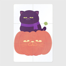 Магнитный плакат 2Х3 с принтом Хеллоуиновский кот в Белгороде, Полимерный материал с магнитным слоем | 6 деталей размером 9*9 см | Тематика изображения на принте: арт | ведьма | кот | кошка | рисунок | сладость чупа чупс | тыква | хеллоуин | хэллоуин | чёрная кошка | чёрный кот | шарф