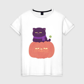 Женская футболка хлопок с принтом Хеллоуиновский кот в Белгороде, 100% хлопок | прямой крой, круглый вырез горловины, длина до линии бедер, слегка спущенное плечо | арт | ведьма | кот | кошка | рисунок | сладость чупа чупс | тыква | хеллоуин | хэллоуин | чёрная кошка | чёрный кот | шарф