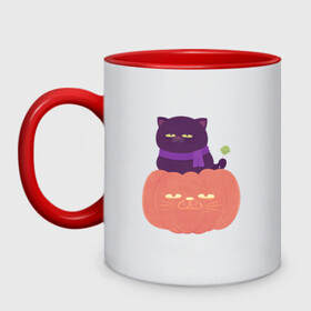 Кружка двухцветная с принтом Хеллоуиновский кот в Белгороде, керамика | объем — 330 мл, диаметр — 80 мм. Цветная ручка и кайма сверху, в некоторых цветах — вся внутренняя часть | Тематика изображения на принте: арт | ведьма | кот | кошка | рисунок | сладость чупа чупс | тыква | хеллоуин | хэллоуин | чёрная кошка | чёрный кот | шарф