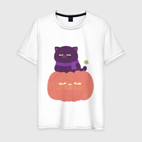 Мужская футболка хлопок с принтом Хеллоуиновский кот в Белгороде, 100% хлопок | прямой крой, круглый вырез горловины, длина до линии бедер, слегка спущенное плечо. | арт | ведьма | кот | кошка | рисунок | сладость чупа чупс | тыква | хеллоуин | хэллоуин | чёрная кошка | чёрный кот | шарф