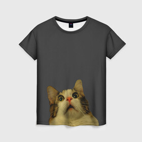 Женская футболка 3D с принтом Котэ смотрит вверх в Белгороде, 100% полиэфир ( синтетическое хлопкоподобное полотно) | прямой крой, круглый вырез горловины, длина до линии бедер | cat | up | вверх | кот | подглядывание | удивление