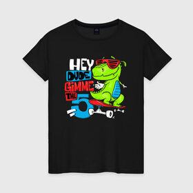 Женская футболка хлопок с принтом Dino hipster в Белгороде, 100% хлопок | прямой крой, круглый вырез горловины, длина до линии бедер, слегка спущенное плечо | cool | dinisaur | dude | hype | muzzle | skateboard | динозавр | круто | очки | скейтборд | хайп | чувак