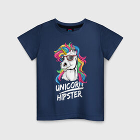Детская футболка хлопок с принтом Unicorn hipster в Белгороде, 100% хлопок | круглый вырез горловины, полуприлегающий силуэт, длина до линии бедер | color | cool | eyes | fashion | hipster | horn | hype | mane | muzzle | unicorn | глаза | грива | единорог | круто | мода | очки | рог | хайп | хипстер | цвет