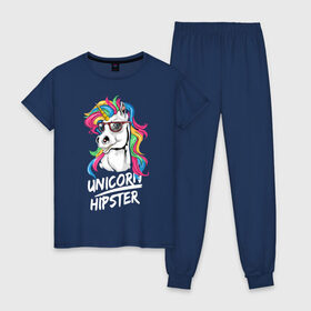 Женская пижама хлопок с принтом Unicorn hipster в Белгороде, 100% хлопок | брюки и футболка прямого кроя, без карманов, на брюках мягкая резинка на поясе и по низу штанин | Тематика изображения на принте: color | cool | eyes | fashion | hipster | horn | hype | mane | muzzle | unicorn | глаза | грива | единорог | круто | мода | очки | рог | хайп | хипстер | цвет