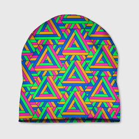 Шапка 3D с принтом РАЗНОЦВЕТНЫЕ ТРЕУГОЛЬНИКИ в Белгороде, 100% полиэстер | универсальный размер, печать по всей поверхности изделия | геометрия | паттерн | радуга | разноцветные | соты | текстуры | треугольники | узор | яркие