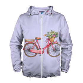 Мужская ветровка 3D с принтом Bicycle в Белгороде, 100% полиэстер | подол и капюшон оформлены резинкой с фиксаторами, два кармана без застежек по бокам, один потайной карман на груди | букет | велосипед | лето | цветы