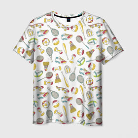 Мужская футболка 3D с принтом спорт в Белгороде, 100% полиэфир | прямой крой, круглый вырез горловины, длина до линии бедер | бита | весы | воланчик | гантеля | кроссовок | мяч | ракетка | скейт