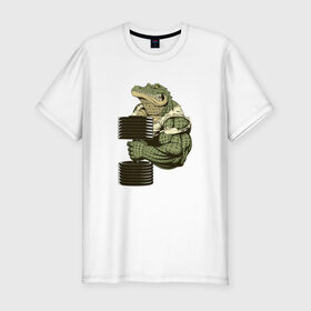 Мужская футболка хлопок Slim с принтом Крокодил в Белгороде, 92% хлопок, 8% лайкра | приталенный силуэт, круглый вырез ворота, длина до линии бедра, короткий рукав | злой крокодил | крокодил | крокодил с гантелей | мускулистый крокодил | сильный крокодил