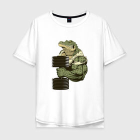 Мужская футболка хлопок Oversize с принтом Крокодил в Белгороде, 100% хлопок | свободный крой, круглый ворот, “спинка” длиннее передней части | злой крокодил | крокодил | крокодил с гантелей | мускулистый крокодил | сильный крокодил