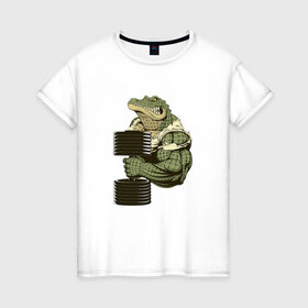 Женская футболка хлопок с принтом Крокодил в Белгороде, 100% хлопок | прямой крой, круглый вырез горловины, длина до линии бедер, слегка спущенное плечо | злой крокодил | крокодил | крокодил с гантелей | мускулистый крокодил | сильный крокодил