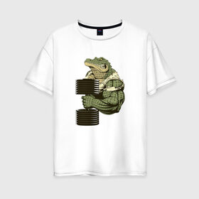 Женская футболка хлопок Oversize с принтом Крокодил в Белгороде, 100% хлопок | свободный крой, круглый ворот, спущенный рукав, длина до линии бедер
 | злой крокодил | крокодил | крокодил с гантелей | мускулистый крокодил | сильный крокодил