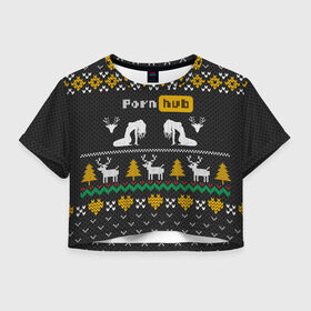 Женская футболка Crop-top 3D с принтом Pornhub свитер с оленями в Белгороде, 100% полиэстер | круглая горловина, длина футболки до линии талии, рукава с отворотами | 2021 | knit | knitted | merch | new year | sweater | ugly sweater | вязанный | вязяный | зимний | лого | логотип | мерч | новый год | олени | рождественский | рождественский свитер | рождес