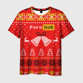 Мужская футболка 3D с принтом Pornhub рождественский свитер в Белгороде, 100% полиэфир | прямой крой, круглый вырез горловины, длина до линии бедер | Тематика изображения на принте: 2021 | christmas | knit | knitted | merch | new year | sweater | ugly sweater | вязанный | вязяный | зимний | лого | логотип | мерч | новый год | олени | рождественский | рождество