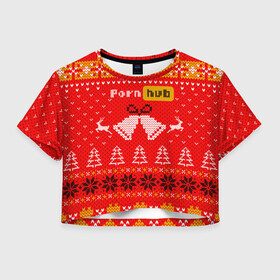 Женская футболка Crop-top 3D с принтом Pornhub рождественский свитер в Белгороде, 100% полиэстер | круглая горловина, длина футболки до линии талии, рукава с отворотами | 2021 | christmas | knit | knitted | merch | new year | sweater | ugly sweater | вязанный | вязяный | зимний | лого | логотип | мерч | новый год | олени | рождественский | рождество