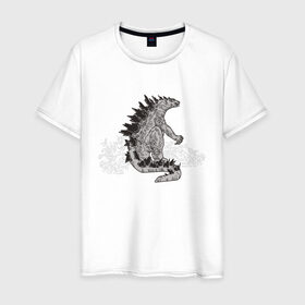 Мужская футболка хлопок с принтом Годзилла в Белгороде, 100% хлопок | прямой крой, круглый вырез горловины, длина до линии бедер, слегка спущенное плечо. | гадзила | годзила | годзилла | динозавр | динозавры | дракон | драконы | фильм | фильмы | япония | японское