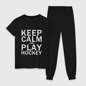 Женская пижама хлопок с принтом K.C.a. Play Hockey в Белгороде, 100% хлопок | брюки и футболка прямого кроя, без карманов, на брюках мягкая резинка на поясе и по низу штанин | and | calm | hockey | ice | keep | play | sport | sports | и | играй | сохраняй | спокойствие | спорт | хокей | хоккей