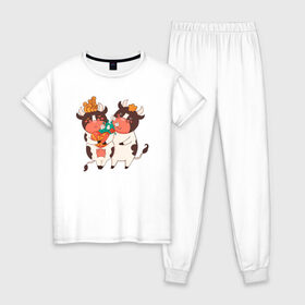 Женская пижама хлопок с принтом Влюбленные бычок и корова в Белгороде, 100% хлопок | брюки и футболка прямого кроя, без карманов, на брюках мягкая резинка на поясе и по низу штанин | 