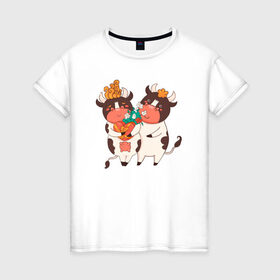 Женская футболка хлопок с принтом Влюбленные бычок и корова в Белгороде, 100% хлопок | прямой крой, круглый вырез горловины, длина до линии бедер, слегка спущенное плечо | 