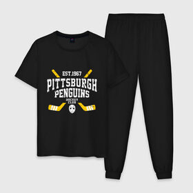 Мужская пижама хлопок с принтом Pittsburgh Penguins в Белгороде, 100% хлопок | брюки и футболка прямого кроя, без карманов, на брюках мягкая резинка на поясе и по низу штанин
 | hockey | nhl | penguins | pittsburg | pittsburgh | pittsburgh penguins | usa | нхл | пингвинз | питтсбург | питтсбург пингвинз | спорт | сша | хоккей | шайба