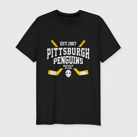 Мужская футболка хлопок Slim с принтом Pittsburgh Penguins в Белгороде, 92% хлопок, 8% лайкра | приталенный силуэт, круглый вырез ворота, длина до линии бедра, короткий рукав | Тематика изображения на принте: hockey | nhl | penguins | pittsburg | pittsburgh | pittsburgh penguins | usa | нхл | пингвинз | питтсбург | питтсбург пингвинз | спорт | сша | хоккей | шайба