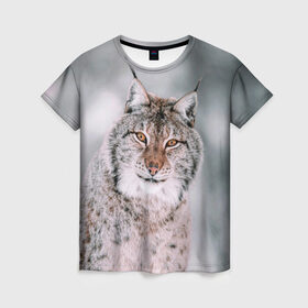 Женская футболка 3D с принтом Рысь в Белгороде, 100% полиэфир ( синтетическое хлопкоподобное полотно) | прямой крой, круглый вырез горловины, длина до линии бедер | cat | животные | звири | кис | киска | кот | котейка | котик | коты | котяра | кошка | кошки | природа | рысь