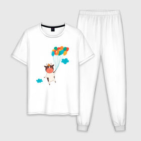 Мужская пижама хлопок с принтом Бык летит на воздушных шариках в Белгороде, 100% хлопок | брюки и футболка прямого кроя, без карманов, на брюках мягкая резинка на поясе и по низу штанин
 | 