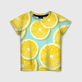 Детская футболка 3D с принтом лимончики в Белгороде, 100% гипоаллергенный полиэфир | прямой крой, круглый вырез горловины, длина до линии бедер, чуть спущенное плечо, ткань немного тянется | Тематика изображения на принте: еда | лимон | фрукты | цитрусы