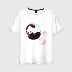 Женская футболка хлопок Oversize с принтом Котик в пузыре черный в Белгороде, 100% хлопок | свободный крой, круглый ворот, спущенный рукав, длина до линии бедер
 | звери | котики | коты | кошки | милый | подарок | пузырь | черный