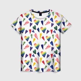 Женская футболка 3D с принтом Пастельные сердца в Белгороде, 100% полиэфир ( синтетическое хлопкоподобное полотно) | прямой крой, круглый вырез горловины, длина до линии бедер | gradient | heart | pastel | pattern | rainbow | watercolor | акварель | градиент | пастель | радуга | сердце | узор