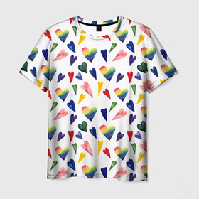 Мужская футболка 3D с принтом Пастельные сердца в Белгороде, 100% полиэфир | прямой крой, круглый вырез горловины, длина до линии бедер | gradient | heart | pastel | pattern | rainbow | watercolor | акварель | градиент | пастель | радуга | сердце | узор