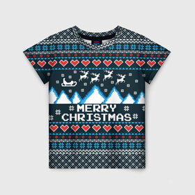 Детская футболка 3D с принтом Свитер Merry Christmas в Белгороде, 100% гипоаллергенный полиэфир | прямой крой, круглый вырез горловины, длина до линии бедер, чуть спущенное плечо, ткань немного тянется | 8бит | merry christmas | вязаный | горы | новый год | олени | пиксельный | ретро | рождество | свитер | узор