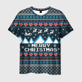 Мужская футболка 3D с принтом Свитер Merry Christmas в Белгороде, 100% полиэфир | прямой крой, круглый вырез горловины, длина до линии бедер | 8бит | merry christmas | вязаный | горы | новый год | олени | пиксельный | ретро | рождество | свитер | узор