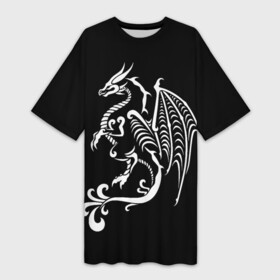 Платье-футболка 3D с принтом Дракон тату в Белгороде,  |  | белое на чёрном | восток | дракон | драконы | мифические существа | татуировка дракон | татуировки | узоры