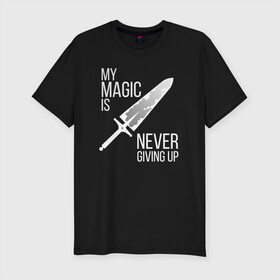 Мужская футболка хлопок Slim с принтом My magic is never giving up в Белгороде, 92% хлопок, 8% лайкра | приталенный силуэт, круглый вырез ворота, длина до линии бедра, короткий рукав | anime | asta | black clover | demon | magic | yuno | аниме | аниме черный клевер | анимэ | аста | демон | клевер | магия | черный клевер | юно