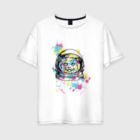 Женская футболка хлопок Oversize с принтом Кот-космонавт в Белгороде, 100% хлопок | свободный крой, круглый ворот, спущенный рукав, длина до линии бедер
 | 