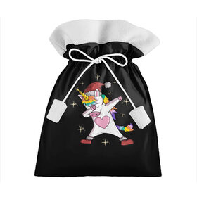 Подарочный 3D мешок с принтом Unicorn Dab в Белгороде, 100% полиэстер | Размер: 29*39 см | Тематика изображения на принте: art | christmas | dab | heart | new year | rainbow | santa hat | stars | unicorn | арт | единорог | звезды | новый год | радуга | рождество | сердце | шапка санты