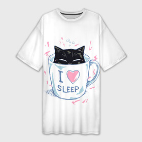 Платье-футболка 3D с принтом Я Люблю Спать в Белгороде,  |  | Тематика изображения на принте: cat | cats | coffee | i | love | nekoffee | night | sleep | вечер | жарко | зима | кот | котенок | котик | котэ | котяра | котята | кофе | кошка | люблю | любовь | нежное | нежный | ночь | сон | спать | тепло | холод | холодно | я