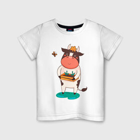 Детская футболка хлопок с принтом Счастливый бык в Белгороде, 100% хлопок | круглый вырез горловины, полуприлегающий силуэт, длина до линии бедер | 